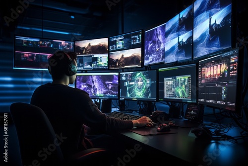 Design an image of a tournament control room, where technicians monitor the gaming action on multiple screens and ensure a flawless esports event