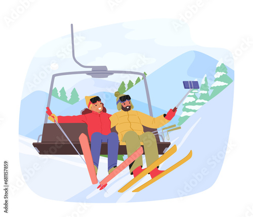 Bundled-up Skier Characters Ascend On A Ski Lift, Against A Snowy Mountain Backdrop, Creating A Picturesque Winter Scene
