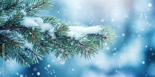 Pine tree branches adorned with vibrant green needles stand elegantly under a blanket of deep, fresh, clean snow