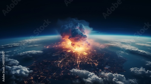 Satellite view of the explosion of a huge mushroom cloud, bomb on the surface of the Earth, technological disaster, war, atomic bomb test