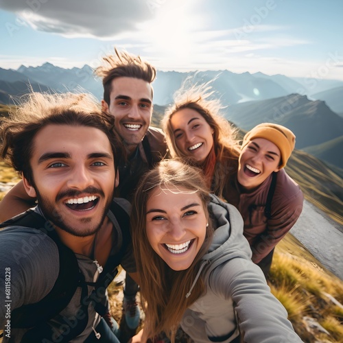 group of friends having fun in the mountains