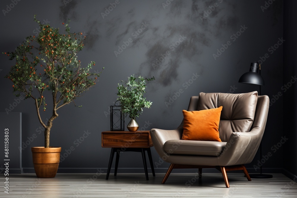 A lounge chair is positioned near a grey tufted corner sofa in a classic room, representing Scandinavian home interior design in a modern living room A lounge chair is positioned near a grey tufted corner sofa in a classic room, representing Scandinavian home interior design in a modern living room