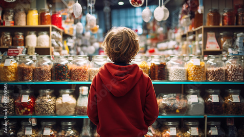 a boy stands in front of a candy store counter with different types of candies and sweets. ai generative