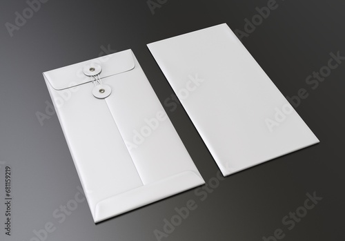 Blank white realistic square straight flap envelopes mock up. 3d illustration. photo