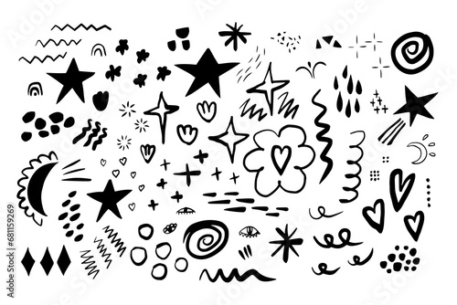 Hand drawn doodles, sketch drawing scribbles, various shapes elements set. Quirky vector brush strokes, stamp brushes. Organic scribbles and doodles, lines and shapes elements