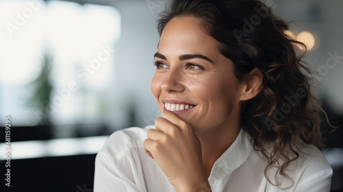 Woman with curly hair wearing a white shirt  smiling and looking thoughtful in the office