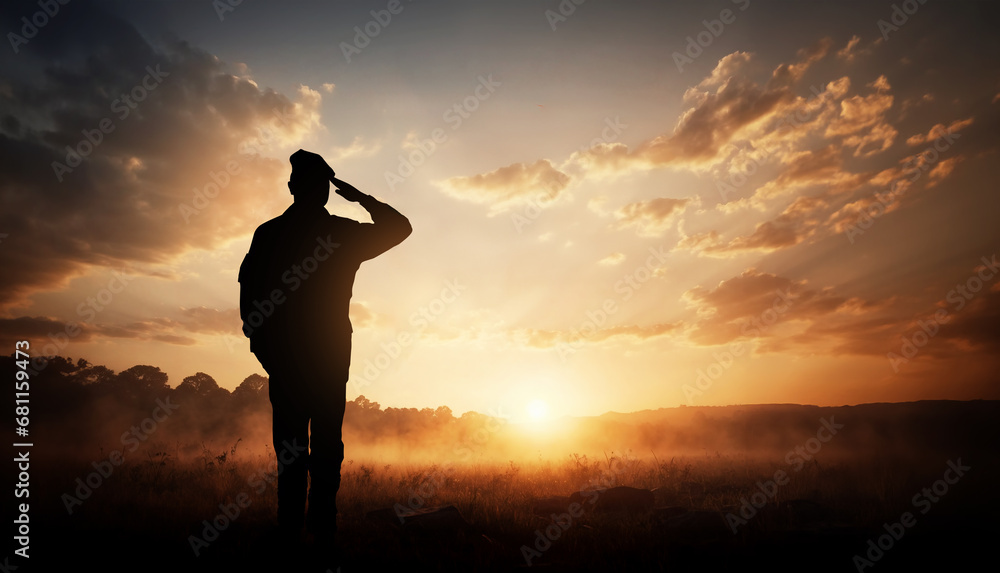 Soldier saluting against the background of sunrise. Veterans day concept