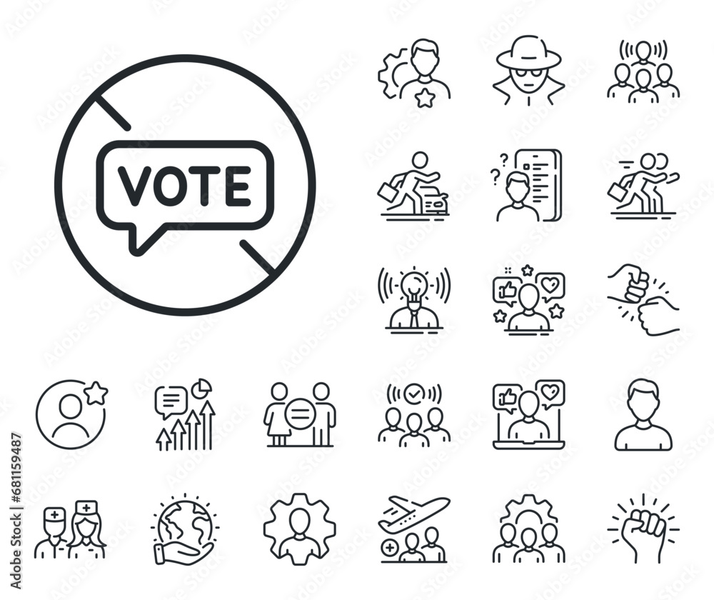 Do not vote sign. Specialist, doctor and job competition outline icons. Stop voting line icon. No public election symbol. Stop voting line sign. Avatar placeholder, spy headshot icon. Vector Do not vote sign. Specialist, doctor and job competition outline icons. Stop voting line icon. No public election symbol. Stop voting line sign. Avatar placeholder, spy headshot icon. Vector