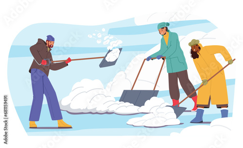 Male And Female Characters In A Winter Wonderland, Diligently Shovel And Sweep Away The Glistening Snow