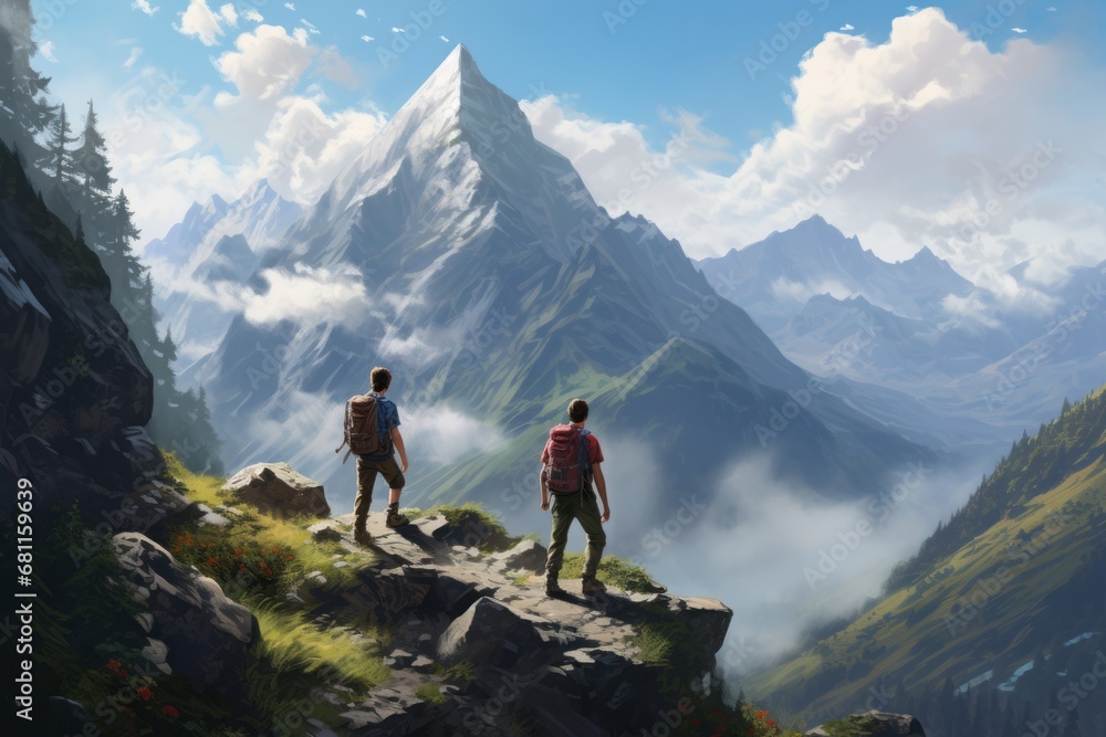 Portrayal of friends hiking in the mountains, conquering challenges and enjoying breathtaking views