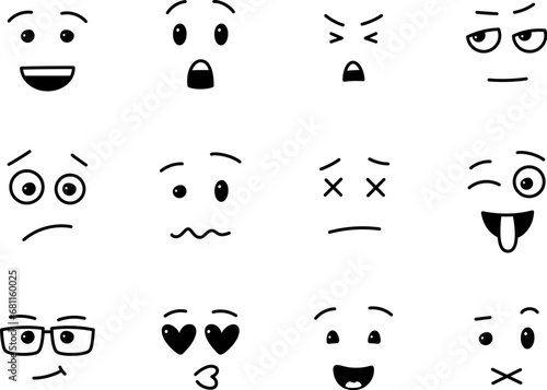 Set of funny outline emoji, abstract comic faces with various emotions in doodle style, vector emoticons - not expanded lines, isolated on the white background.