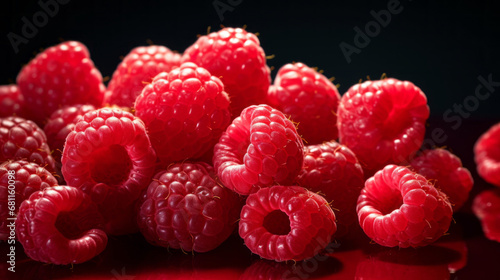 a cluster of ripe raspberries and glistening in the sun