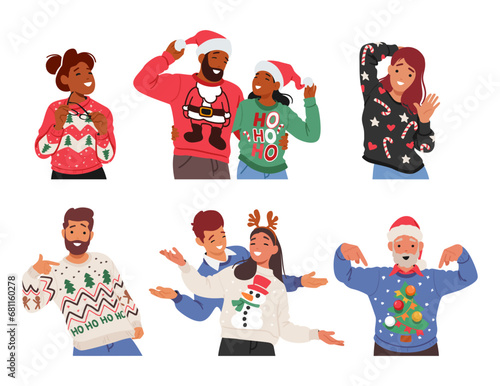 Joyful Characters Decked In Festive, Garish Christmas Sweaters, Striking Humorous Poses Radiating Holiday Cheer