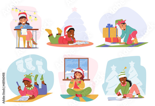 Excited Children, Boys And Girls Character With Bright Smiles, Eagerly Write Heartfelt Letters To Santa Claus
