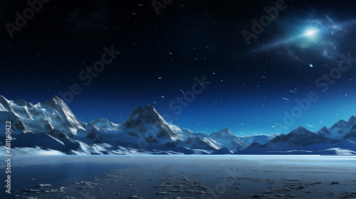 Tranquil Winter Landscape with Snow-Covered Mountains Under a Starry Night Sky