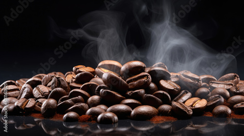 Freshly roasted coffee beans are emitting steam, highlighting their rich aroma and texture against a dark background.