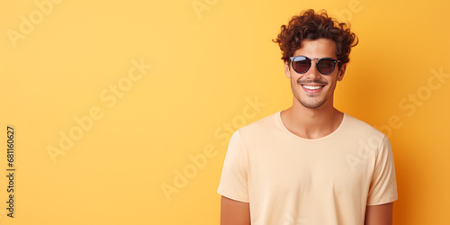 man in a T-shirt and glasses. Isolated on pastel background. ai generative