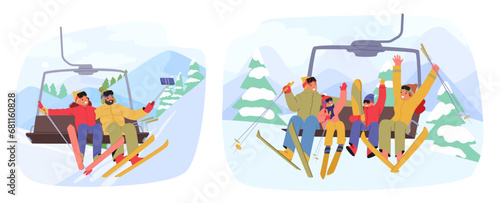 Skier Characters Ascend On A Towering Ski Lift, Bundled In Colorful Gear, In The Serene Winter Landscape