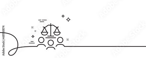 Court jury line icon. Continuous one line with curl. Justice scales sign. Judgement law symbol. Court jury single outline ribbon. Loop curve pattern. Vector