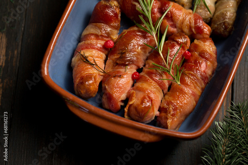 Traditional Christmas dish Sausages wrapped in bacon
