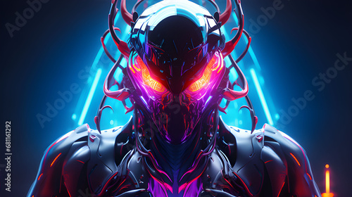 Futuristic red-eyed evil robot with blue aura background
