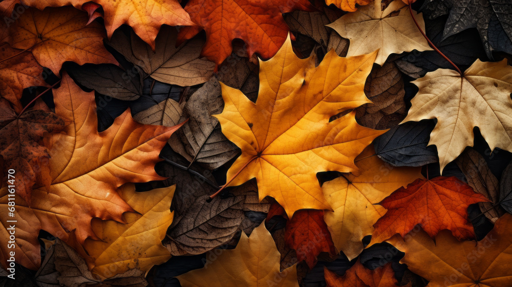 Fototapeta premium a cluster of orange and yellow autumn leaves and lying on the ground
