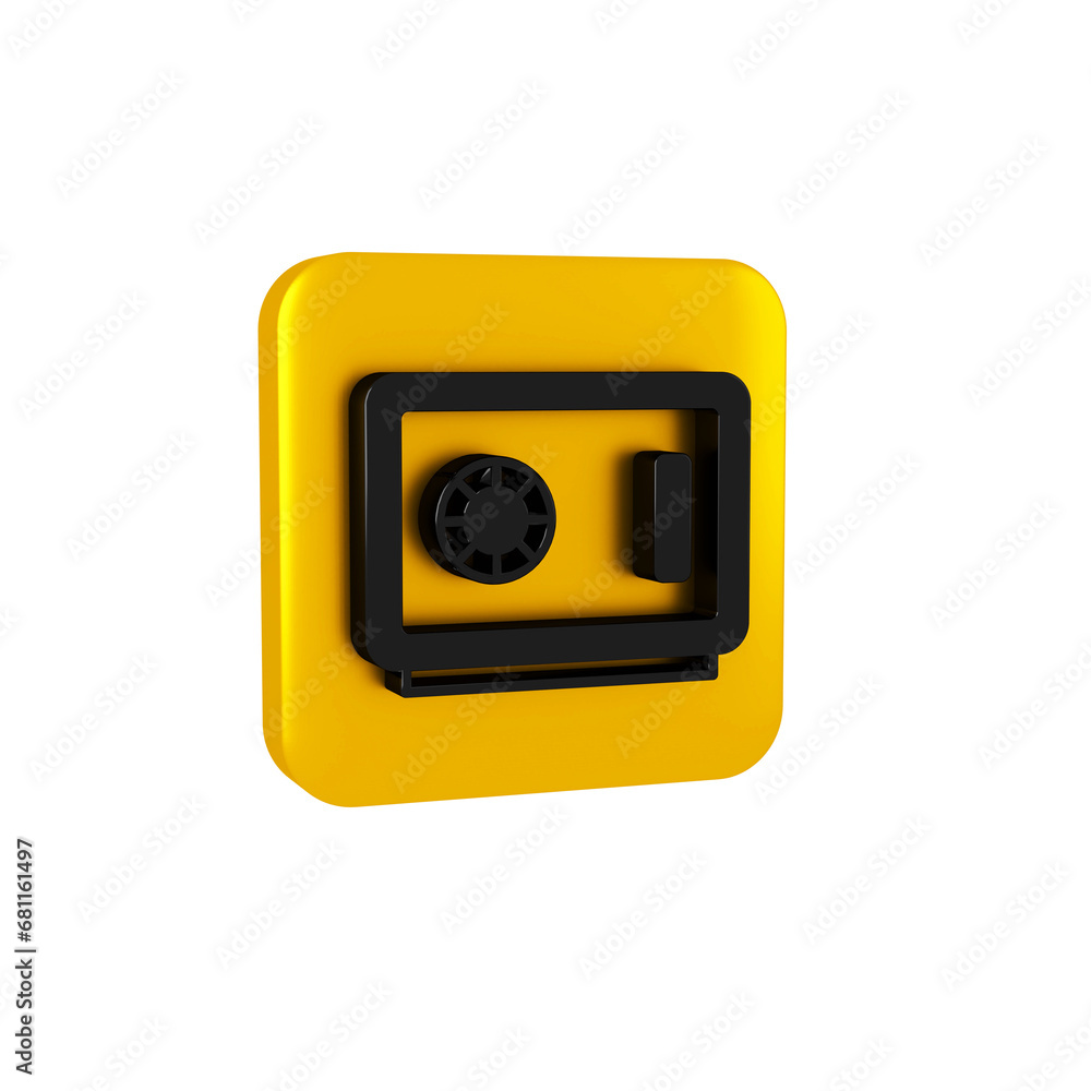 Black Safe icon isolated on transparent background. The door safe a bank vault with a combination lock. Reliable Data Protection. Yellow square button. Black Safe icon isolated on transparent background. The door safe a bank vault with a combination lock. Reliable Data Protection. Yellow square button.
