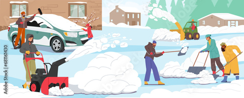 Neighbors Community Characters Bundled In Winter Gear, United In Clearing Snow From Their Driveways, Vector Illustration