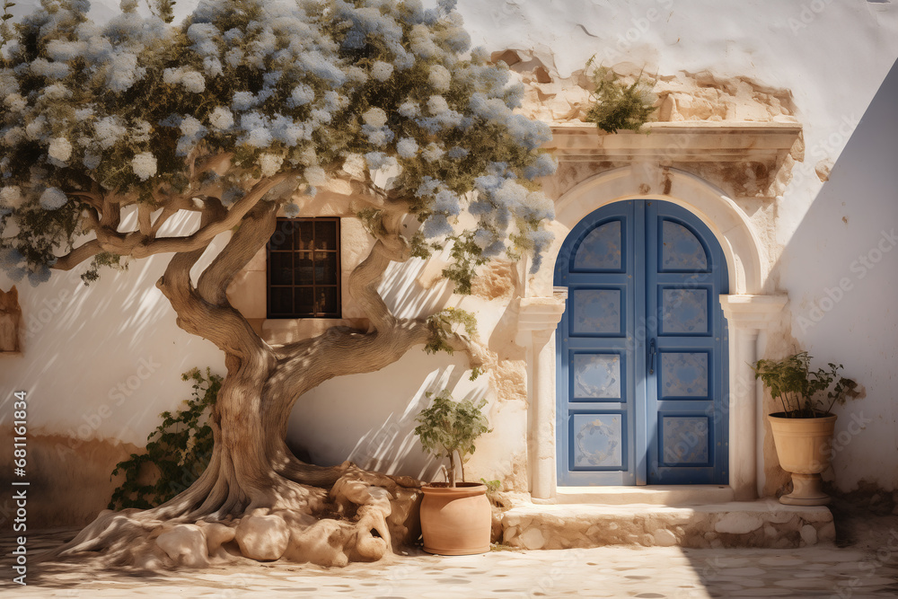 Fototapeta premium Blue aged wooden door with arch and oriental ornament. Culture and architecture of oriental country.