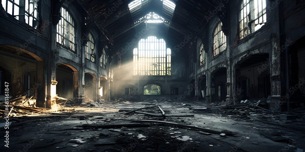 Inside an abandoned or destroyed building enveloped in darkness and dimness. Desolate Abandonment: Exploring the Darkness Within - obrazy, fototapety, plakaty 