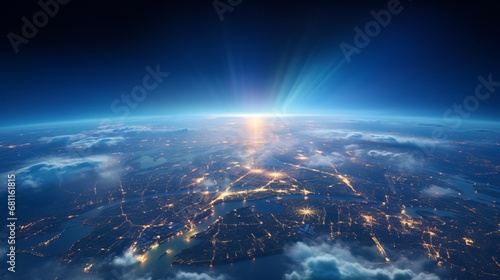 Panoramic view on planet Earth globe from space. Glowing city lights, light clouds, atmosphere layers International Space Station orbit, open dark space photo