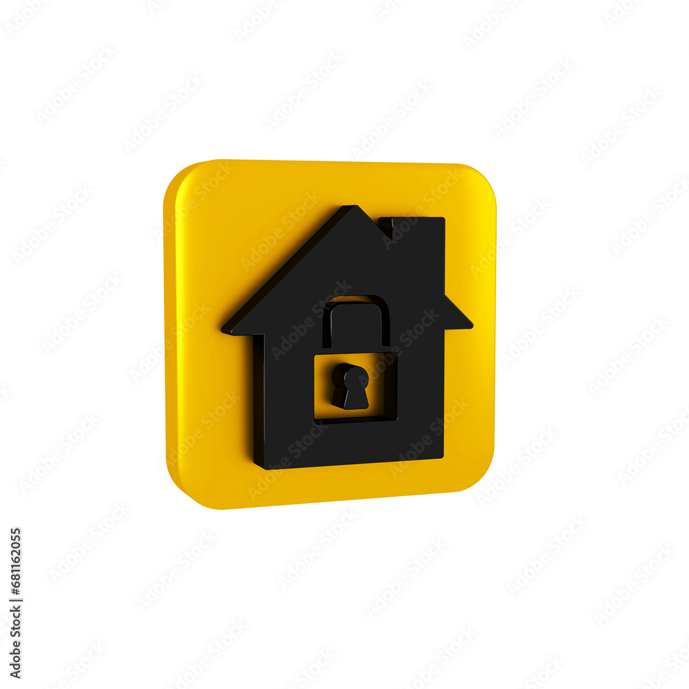 Black House under protection icon isolated on transparent background. Home and lock. Protection, safety, security, protect, defense concept. Yellow square button. Black House under protection icon isolated on transparent background. Home and lock. Protection, safety, security, protect, defense concept. Yellow square button.