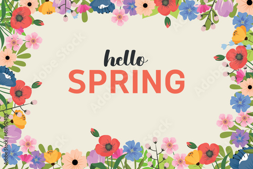 Spring abstract background, banner, poster with spring flowers and  leaves. Spring leaves. Modern trendy colorful design. Template for advertising, web, social media.