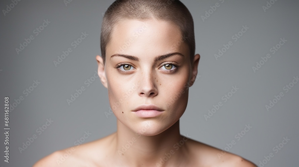 Portrait of a beautiful young woman with short hairstyle. Gorgeous female cancer patient portrait on dark background with copy space. Portrait of a beautiful young woman with short hairstyle. Gorgeous female cancer patient portrait on dark background with copy space.
