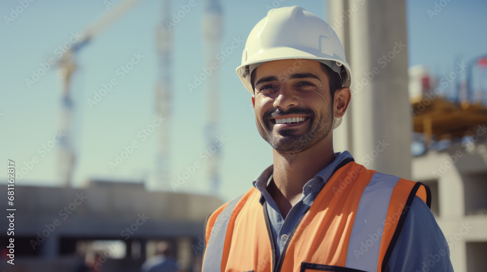 Smiling construction worker, wearing a hard hat,and a reflective vest, stands confidently at a construction site. Smiling construction worker, wearing a hard hat,and a reflective vest, stands confidently at a construction site.