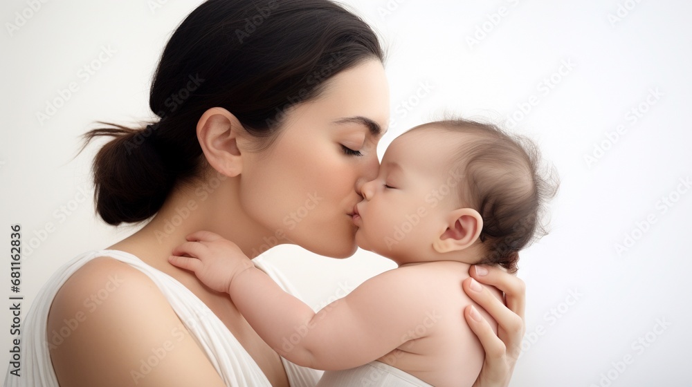 Young loving mom kissing her new born baby isolated on white background. Young loving mom kissing her new born baby isolated on white background.