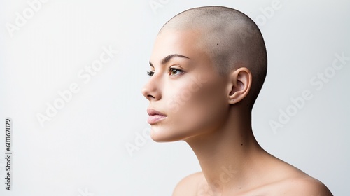 Image of a beautiful woman with bald shaved hair isolated on white background, side portrait with copy space. photo