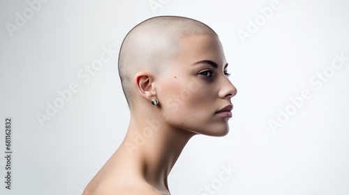 Image of a beautiful woman with bald shaved hair isolated on white background, side portrait with copy space.