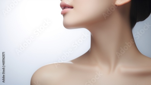 Close up of a young beautiful woman's clavicle area isolated on studio simple background, concept of cosmetic product, skin care and necklace model mock up.