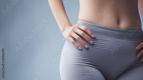 Close up of waist, belly and genital area of young woman wearing light gray tights Isolated on white background.  photo