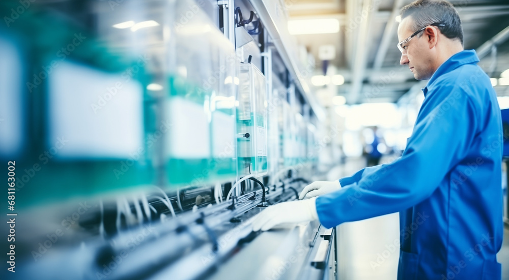 A male technician in a blue uniform inspecting machinery in a high-tech manufacturing facility. A male technician in a blue uniform inspecting machinery in a high-tech manufacturing facility.