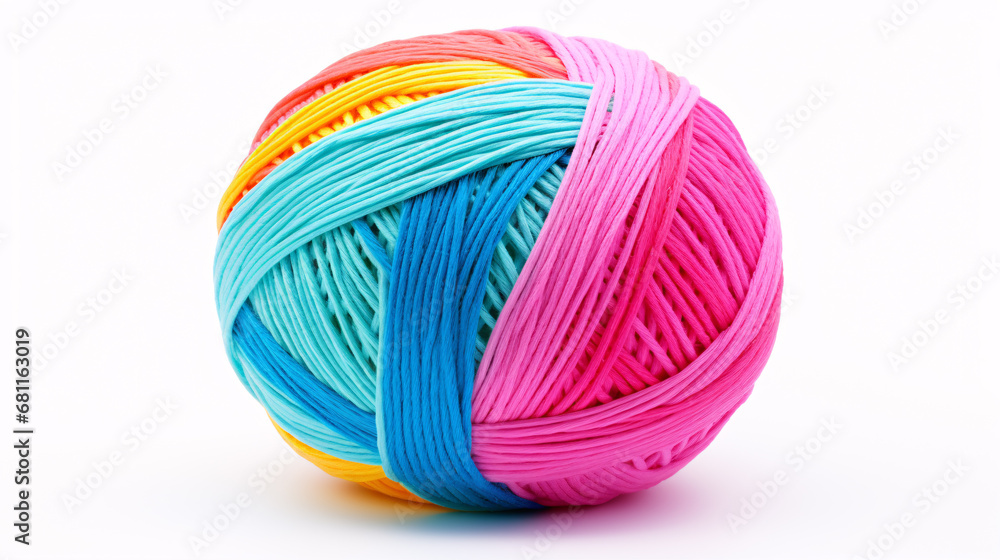 A rainbow knotted bundle of thread and twine is positioned on a blank canvas...A multitude of colored yarn and string is arranged atop a pristine surface. A rainbow knotted bundle of thread and twine is positioned on a blank canvas...A multitude of colored yarn and string is arranged atop a pristine surface.