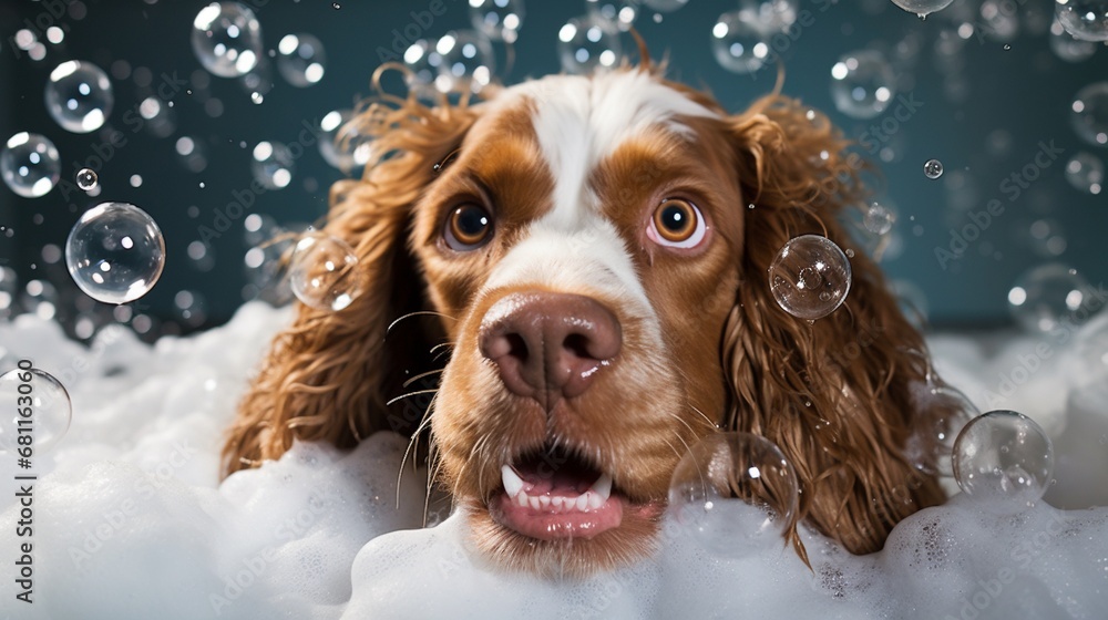 Happy funny dog taking bubble bath among floating shiny bubbles on bathroom background, close up funny animal background.