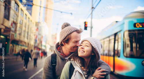 A cheerful couple embracing on a city street with a tram in the background, showcasing affection and urban life. © InputUX