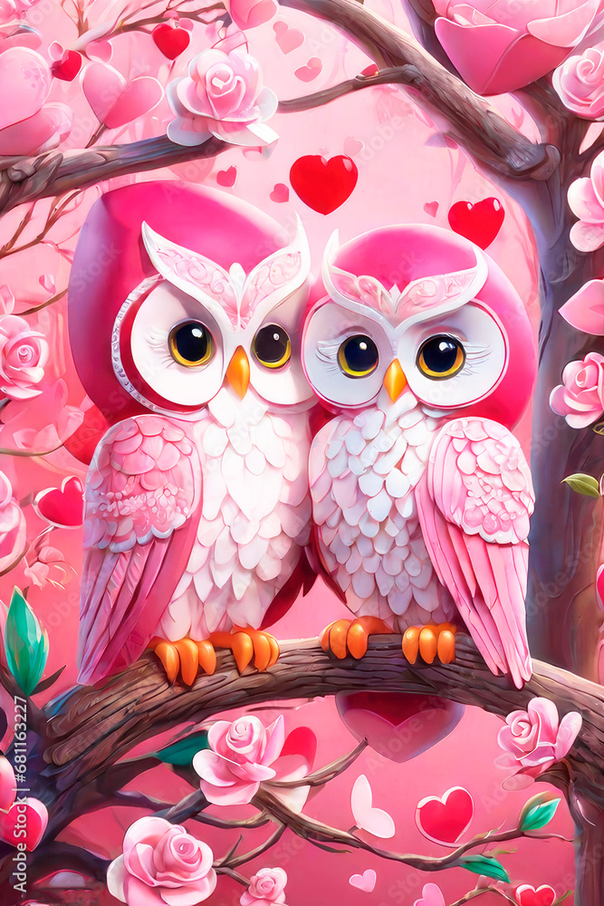 Obraz premium Happy valentine's greeting card, concept of love confession. A couple of very cute owls deep against a heart, cartoon character. Expression of tender feelings.