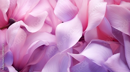 Macro detail of cyclamen petals, with a soft focus, pink natural floral background banner. © JW Studio