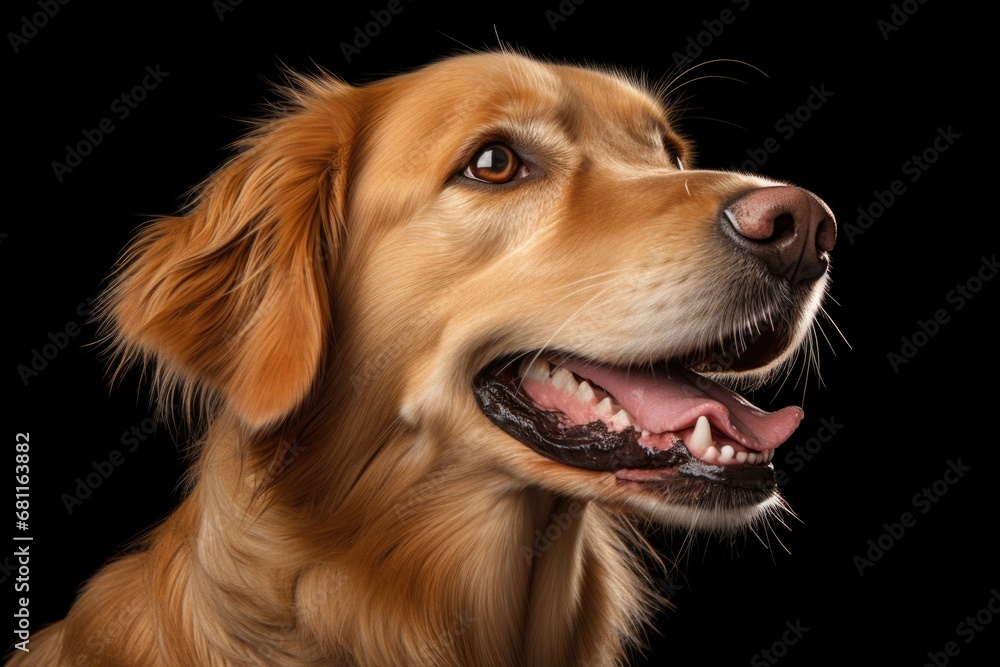 A close up of a dog with its mouth open. Happy Golden Retriever.