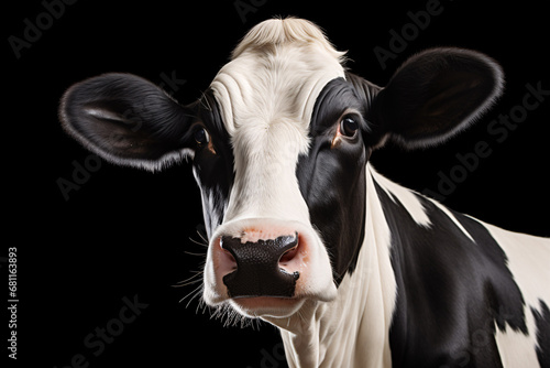 A black-and-white, full-length, solitary cow is upright and prominently displayed against a dark backdrop. © ckybe