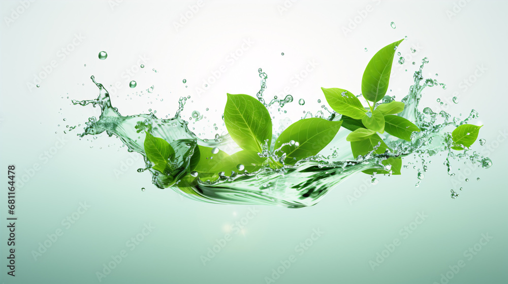 A realistic stream of organic herbal tea adorned with leaves and splashes creates a 3D advertisement with natural aroma. A realistic stream of organic herbal tea adorned with leaves and splashes creates a 3D advertisement with natural aroma.