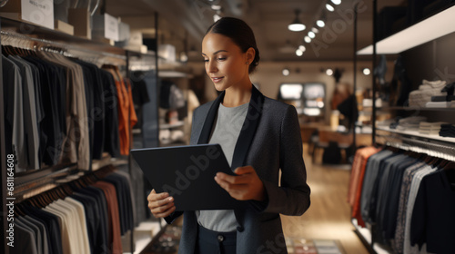 A professional woman with a tablet in hand, smiling and standing in a modern clothing store, surrounded by neatly organized shelves full of various apparel.